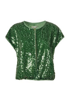 Top corto a maniche corte verde con paillettes, colletto rotondo e chiusura con cerniera frontale, caratterizzato da una superficie lucida e testurizzata e maniche corte.