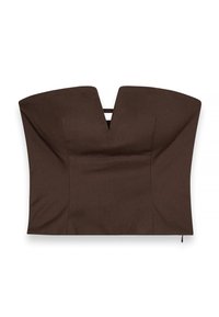 Bruine gestructureerde crop top met een diepe V-hals, voorzien van een aansluitend ontwerp en een gladde textuur, die de minimalistische stijl benadrukt.