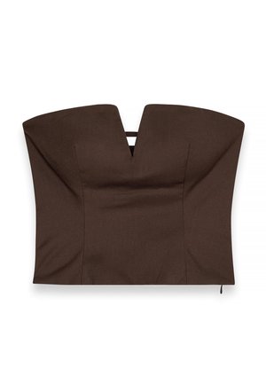 Top corto strutturato marrone con scollatura a V profonda, caratterizzato da un design aderente e da una texture liscia, che evidenzia uno stile minimalista.