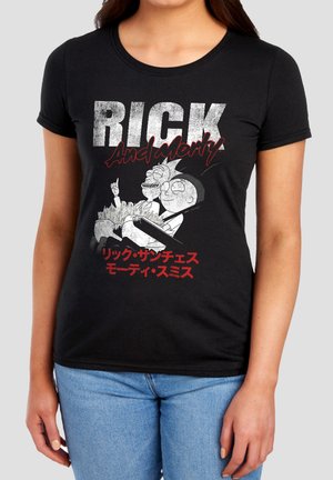 Black t-shirt worn by person, featuring Rick and Morty characters sitting, with large white and red text in English and Japanese.