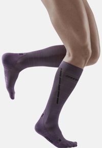 Purple knee-high socks with horizontal stripes in dark green. Made of a smooth, stretchy material, featuring ribbed cuffs and patterned accents.