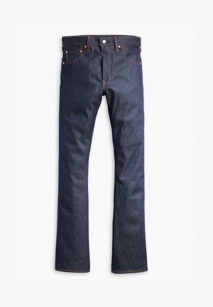 Donkerblauwe denim jeans met een rechte snit, voorzien van oranje stiksels, vijf zakken en een knoopsluiting. Glad textuur en duurzame stof.