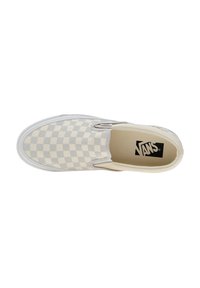 Scarpa slip-on Vans con un motivo a scacchi beige e grigio, dettagli elastici ai lati e suola in gomma bianca.