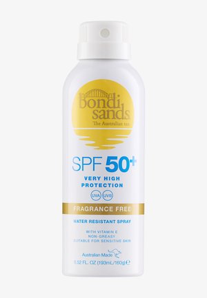 White bottle of Bondi Sands SPF 50+ fragrance-free water-resistant spray sunscreen with Vitamin E, labeled for sensitive skin, 193ml, Australian made.