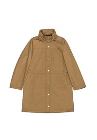 Cappotto impermeabile marrone con colletto alto, chiusure frontali a pressione, due tasche laterali e un design minimalista. Struttura liscia, lunghezza fino al ginocchio.