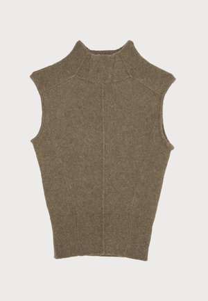 Top tricotat fără mâneci, de culoare maro, cu guler înalt, având o textură ribbed și cusături verticale pentru o siluetă ajustată.