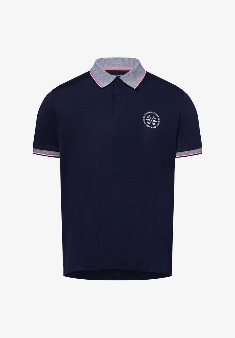 Marineblaues Poloshirt mit kontrastierendem grauem Kragen und Ärmeln. Verfügt über ein gesticktes Logo auf der Brust und pinkfarbene Akzentstreifen am Kragen und an den Ärmeln.