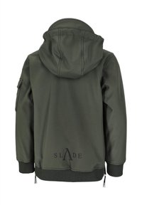 Mørkegrøn hættetrøje med forlomme og snøre i hætten, med lynlåsdetalje ved kanten og et logo trykt på ryggen.