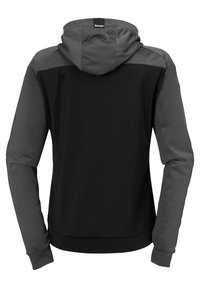 Felpa con cappuccio in tessuto nero e maniche grigie, caratterizzata da un design semplice, orlo a costine e etichetta con logo sul retro del cappuccio.