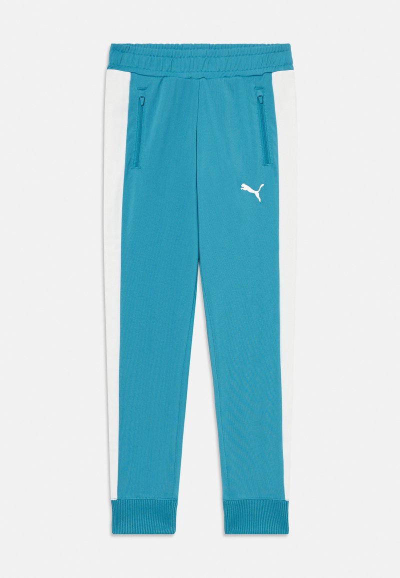 Teal träningsbyxor med elastisk midja, två dragkedjefickor och vita sidpaneler. Har en vit Puma-logotyp på låret.