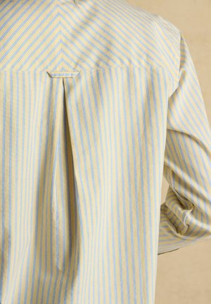 Dos d’une chemise rayée verticalement jaune et bleue avec un pli creux central et une petite boucle en tissu sous la couture du yoke.