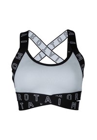 Sujeción deportiva en gris claro con tirantes negros en forma de cruz en la parte posterior. Presenta una banda elástica negra con logo en letras blancas. Textura de tela suave.