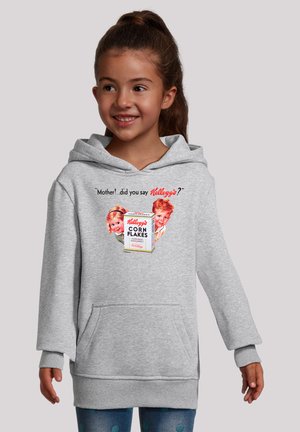 Gray hoodie with a large pocket. Features a vintage Kellogg's Corn Flakes graphic, including two children and playful text above.