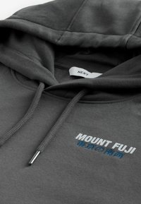 Haut à capuche gris avec cordon, texture douce et imprimé graphique indiquant "MONT FUJI" en blanc et bleu sur le devant.