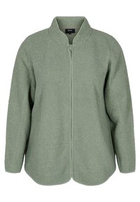 Fleecejacka i mjukt, ljust grönt med dragkedja fram, hög krage och rundad nederkant. Har raglanärmar och texturerad tyg.