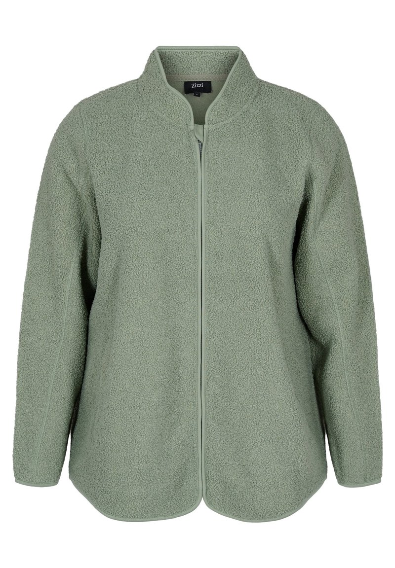 Fleecejacka i mjukt, ljust grönt med dragkedja fram, hög krage och rundad nederkant. Har raglanärmar och texturerad tyg.
