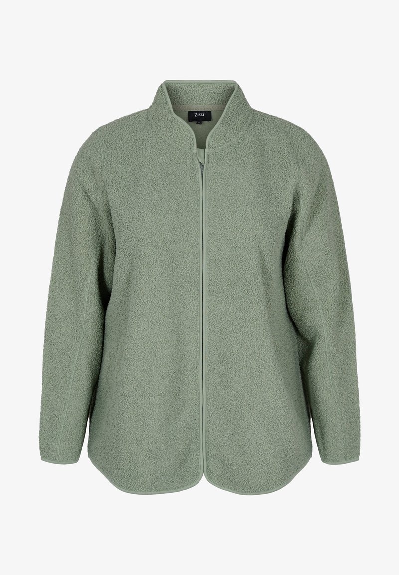 Fleecejacka i mjukt, ljust grönt med dragkedja fram, hög krage och rundad nederkant. Har raglanärmar och texturerad tyg.