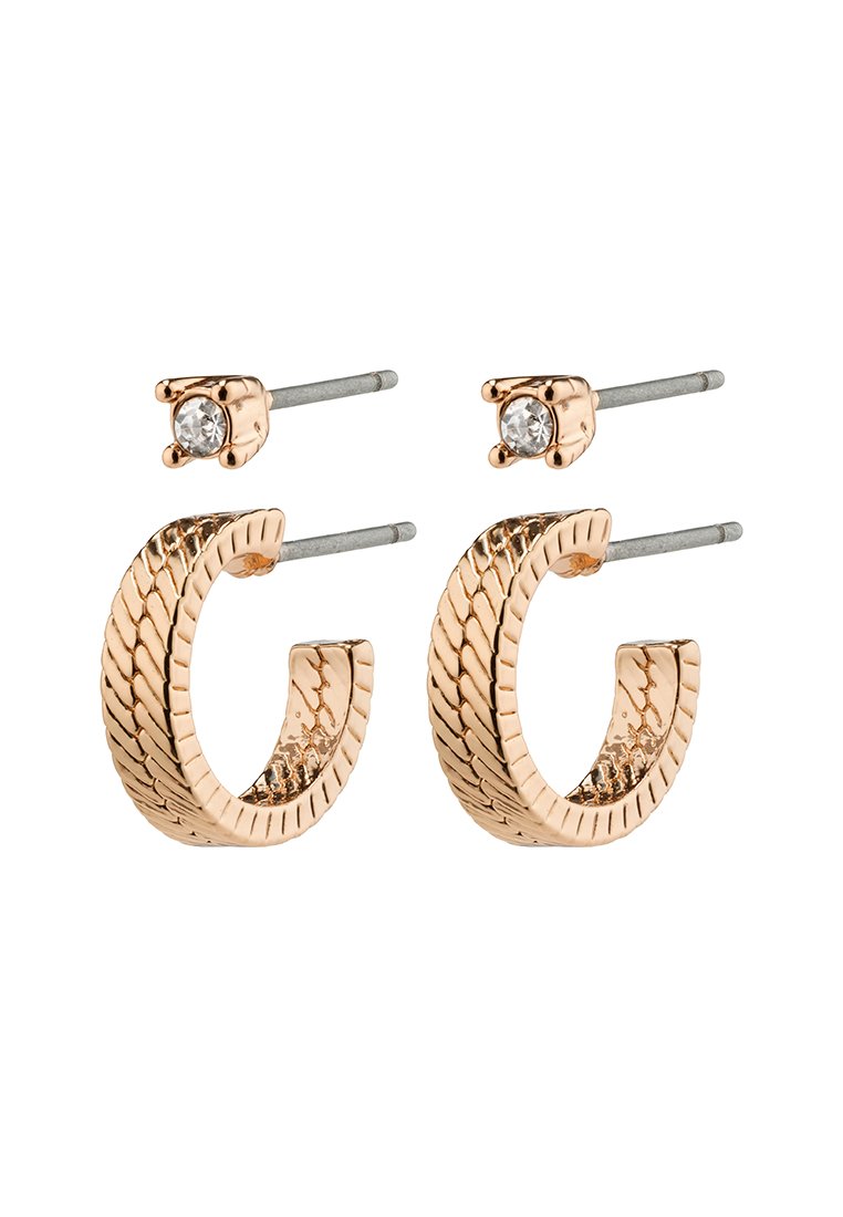 Goldfarbene Creolen mit einem strukturierten, geflochtenen Design und einem kleinen Zirkonia-Stecker oben. Metallstecker für sicheren Halt.