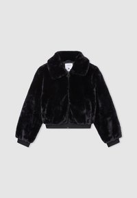 Giacca cropped in pelliccia sintetica nera con ampio colletto, zip frontale e polsini e orlo elasticizzati. Texture morbida con una finitura soffice. Etichetta della taglia visibile.