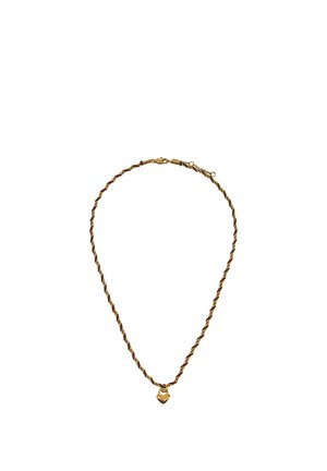 Naszyjnik z łańcuchem skręconym w kolorach złotym i ciemnobrązowym, z małą złotą zawieszką w kształcie serca i zapięciem typu karabińczyk.
