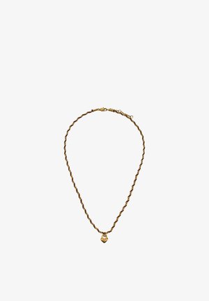 Naszyjnik z łańcuchem skręconym w kolorach złotym i ciemnobrązowym, z małą złotą zawieszką w kształcie serca i zapięciem typu karabińczyk.