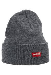 Grå strikket hue med opfoldet kant. Har et rødt broderet Levi's-logo. Blød tekstur og klassisk form, der er velegnet til afslappet brug.