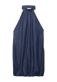 Jeans halterklänning i mörkblått, med en rynkad halsringning, flödande design och elastisk nederkant för extra volym.