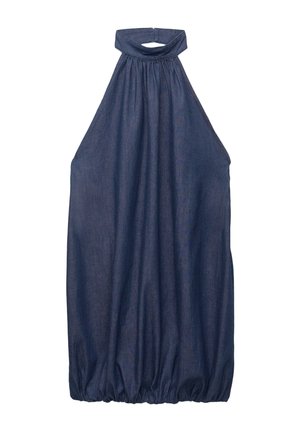 Denim halter dress in dark blue, featuring a gathered neckline, flowing design, and elasticized hem for added volume.