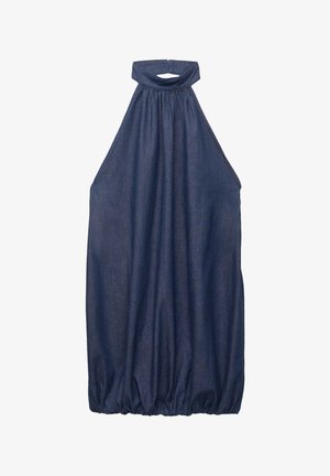 Denim halter dress in dark blue, featuring a gathered neckline, flowing design, and elasticized hem for added volume.