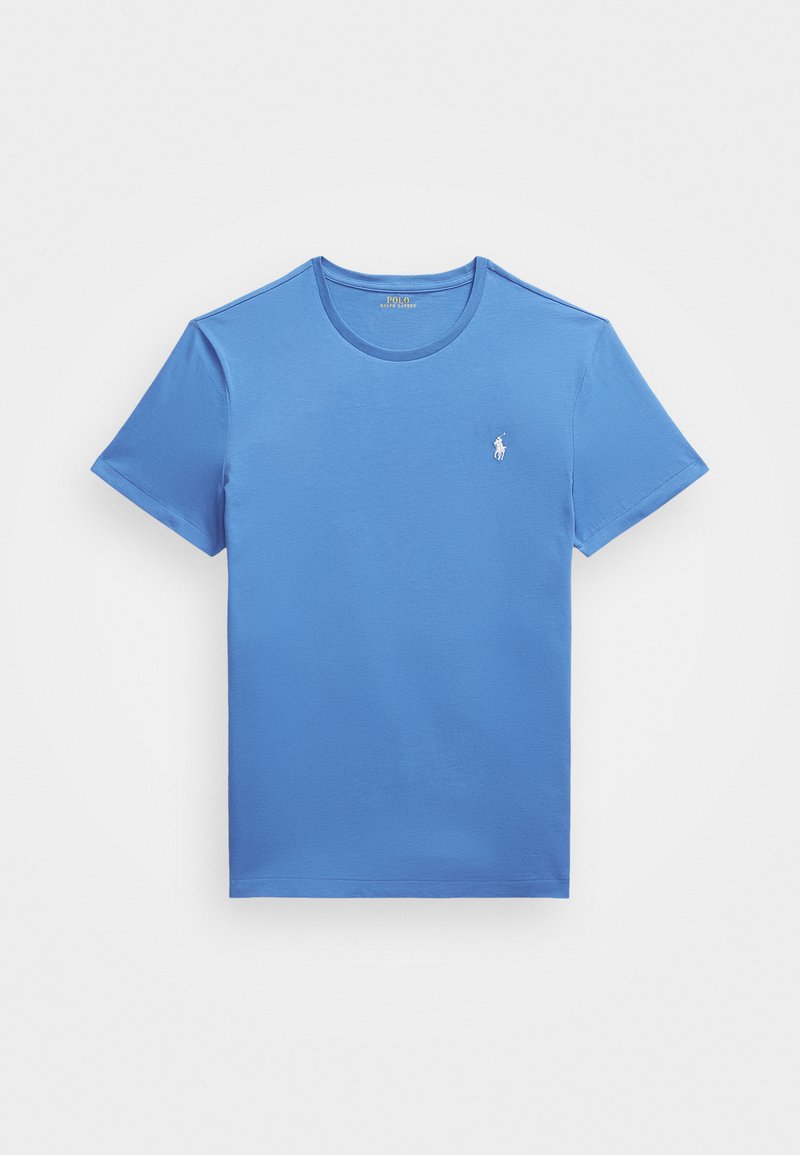 T-shirt in cotone blu con maniche corte e scollo rotondo. Presenta un piccolo logo bianco ricamato sul lato sinistro del petto. Texture liscia.