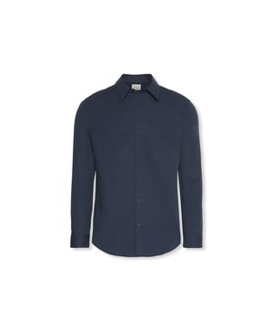 Marineblauw herenshirt met lange mouwen, puntige kraag, knoopsluiting aan de voorkant en een enkele borstzak.