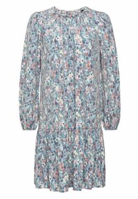 Långärmad klänning i ljusblått tyg med ett blommönster i rosa, lila och grönt. Inkluderar en draperad halsringning och volangkjol.