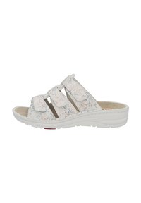 White open-toe sandal with three adjustable Velcro straps, textured fabric upper featuring blue and peach flecks, and a cushioned sole.