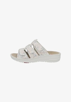 White open-toe sandal with three adjustable Velcro straps, textured fabric upper featuring blue and peach flecks, and a cushioned sole.