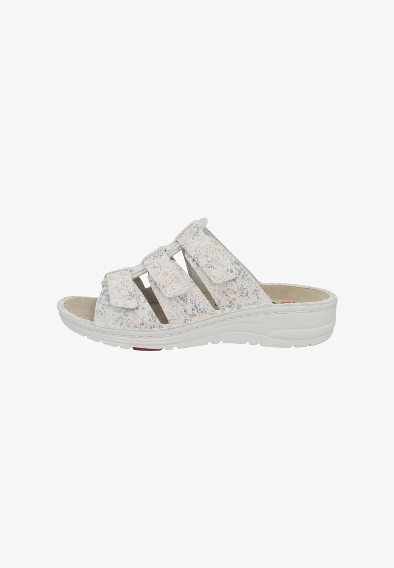 White open-toe sandal with three adjustable Velcro straps, textured fabric upper featuring blue and peach flecks, and a cushioned sole.