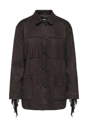 Temno rjava antilop jakna z gumbi, z resicami čez prsi in rokave ter dvema sprednjima žepoma na krpo.