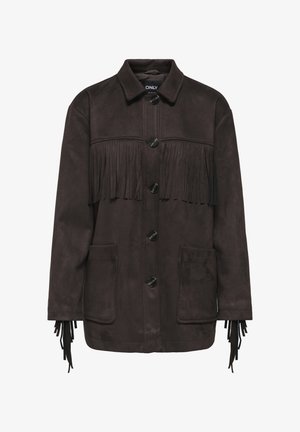 Veste en daim brun foncé avec fermeture à boutons, détails en franges sur la poitrine et les manches, et deux poches plaquées à l'avant.