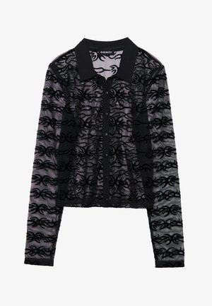 Sort mesh cropped skjorte med et struktureret mønster, langeærmer, klassisk krave og knaplukning foran.