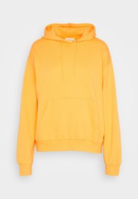 Gul hoodie i mjukt tyg, med en framficka, dragsko i huvan och ribbade mudd och nederkant.