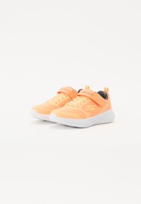 Bright orange athletic shoes with a textured upper, white outsole, lace and Velcro closures, and a grey accent at the back.