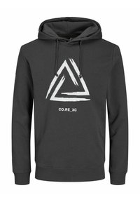 Sudadera gris oscuro hecha de tejido suave, con un diseño gráfico de triángulo blanco y el texto "CO.RE_XC" centrado en la parte delantera.