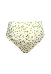 High-waisted bikini bottom made of soft fabric, featuring a white base with green and blue abstract spots, smooth texture, and seamless design.