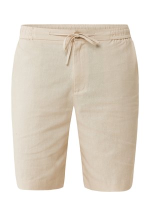 Beige Leinen-Shorts mit elastischem Bund und Kordelzug. Sie verfügen über ein einfaches Design und eine glatte Textur, die sich gut für die Freizeit eignet.