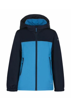 Blaue und schwarze Kapuzenjacke mit durchgehendem Frontreißverschluss und Reißverschlusstaschen an den Seiten, entwickelt für kaltes Wetter.