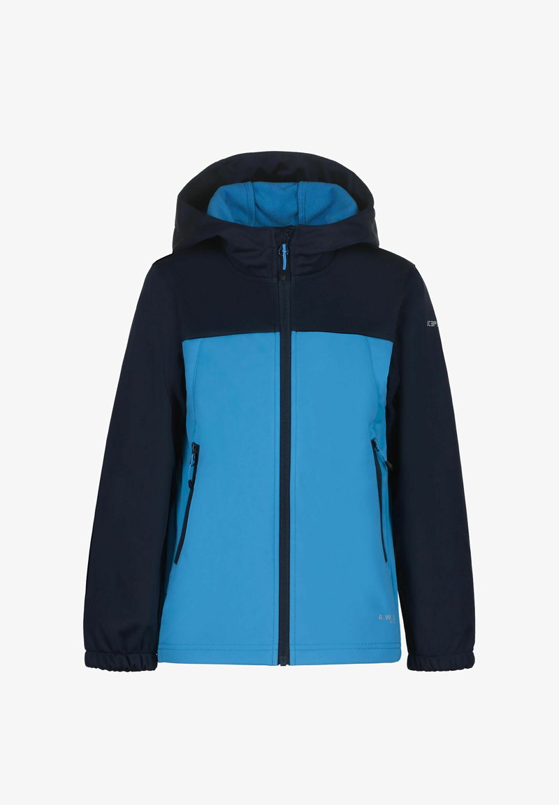 Blauw-zwart gewatteerd jack met capuchon, voorzien van een rits over de hele voorkant en ritssluitingen op de zijzakken, ontworpen voor koud weer.