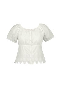 Blusa bianca a maniche a sbuffo con scollatura quadrata, chiusura frontale con bottoni e orlo ricamato a scallop con motivi floreali e geometrici.