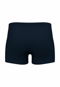 Boxers bleu marine avec une texture lisse, présentant une coupe ajustée et une ceinture simple, conçus sans motifs ni accents supplémentaires.