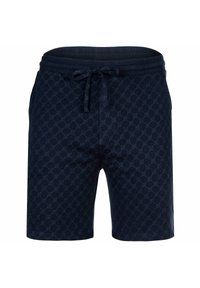 Granatowe szorty na sznurku z delikatnym, wszechobecnym wzorem geometrycznym i prążkowanym pasem w talii.