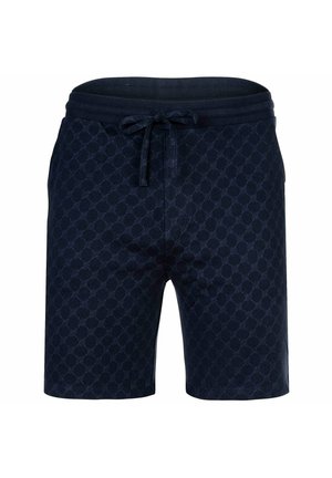 Granatowe szorty na sznurku z delikatnym, wszechobecnym wzorem geometrycznym i prążkowanym pasem w talii.