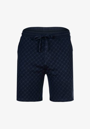 Marineblauwe sweatshorts met een subtiel algeheel geometrisch patroon en een ribgebreide tailleband.